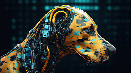 Cyborg dog with futuristic background. Artificial intelligence concept. 3D Renderingの素材