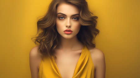 Beautiful young woman with curly hairstyle and makeup on yellow backgroundの素材