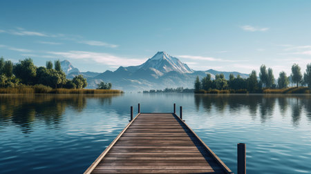Wooden pier on a lake with mountains in the background - 3D renderの素材
