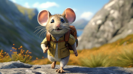 3D rendering of a cute little mouse with a backpack on a mountain backgroundの素材