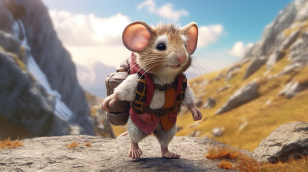 Funny hamster with backpack in mountains. 3d illustration.の素材