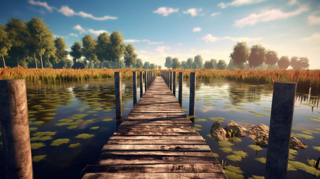 Wooden pier on the lake in the morning. Nature composition.の素材