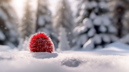 Red Christmas ball on the snow in the forest. Winter holidays conceptの素材