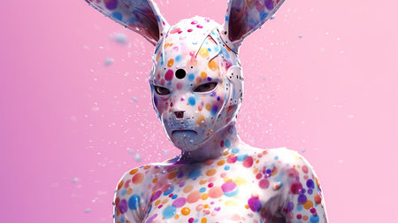 3D rendering of a female robot with pink and blue paint on her faceの素材
