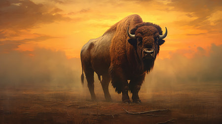 Bison in the steppe at sunset. 3d illustration.の素材