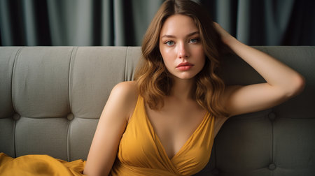 Portrait of a beautiful girl in a yellow dress lying on the couch.の素材