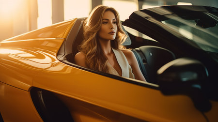 Beautiful girl in a car salon. Beauty, fashion. Luxury car.の素材