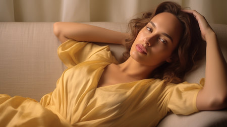 Portrait of a beautiful young woman lying on a sofa at homeの素材