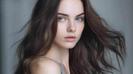 Closeup portrait of a beautiful young woman with long brown hair.の素材