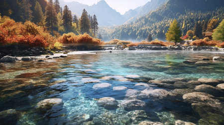 Colorful autumn landscape with mountain river in mountains. Panorama.の素材