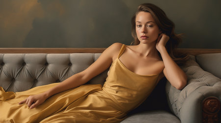 Portrait of a beautiful young woman in a golden dress lying on a sofaの素材