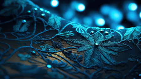 Texture, background, pattern. Women's shawl on a black background with blue sequins.の素材