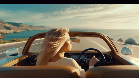 Young woman driving convertible car on the road to the sea at sunsetの素材