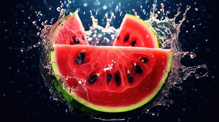 Water splashes on watermelon with drops of water on dark backgroundの素材
