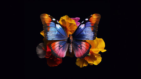 Butterfly on colorful flower isolated on black background with clipping pathの素材