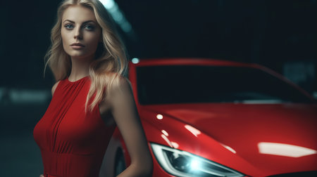 Beautiful blonde girl in red dress stands near the red car.の素材