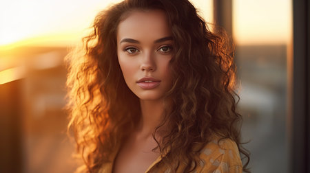 Portrait of beautiful young woman with curly hair looking at camera.の素材