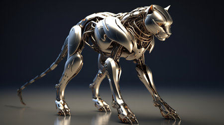 3d rendering of metal dog in dark background with reflective surface.の素材