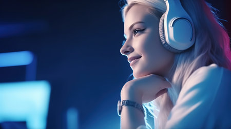Portrait of a charming young woman in headphones listening to music.の素材