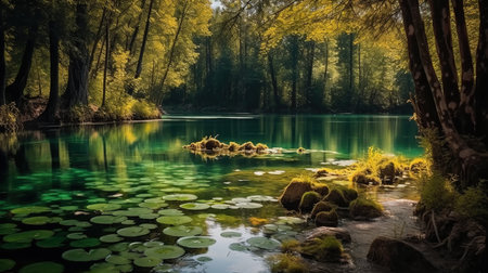 Beautiful lake in the forest with clear water and green leaves.の素材