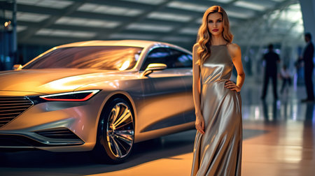 Fashionable beautiful blonde woman in a long evening dress posing near the luxury car.の素材