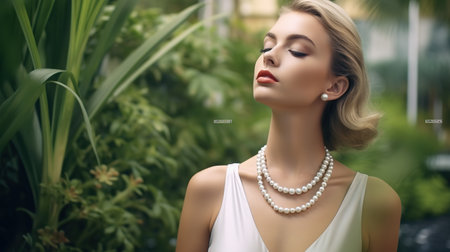 beautiful young woman in white dress with pearls on her neckの素材