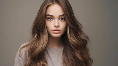 Portrait of a beautiful young woman with long hair on a gray backgroundの素材