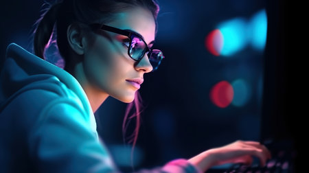 Portrait of young woman in eyeglasses using laptop at nightの素材