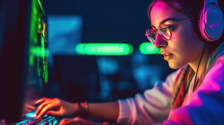 Portrait of young asian woman gamer playing online video games on computer with neon lights.の素材