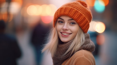Portrait of a beautiful young woman in a hat and scarf on the background of the city.の素材