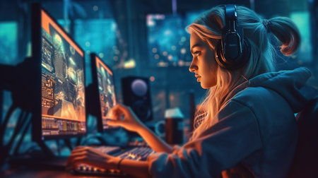 Portrait of young woman gamer in headphones playing online video games at night.の素材