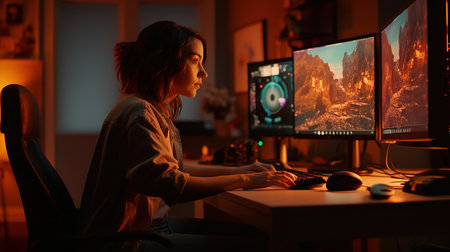 Young woman playing video games on computer at night in dark room.の素材