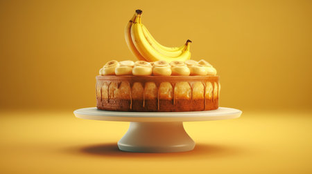 Banana cake with fresh bananas on yellow background. 3d renderの素材