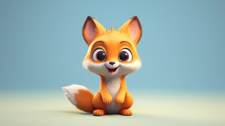 Cute cartoon fox sitting on blue background. 3D rendering.の素材