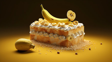 Cake with banana and sugar on yellow background. 3d illustrationの素材