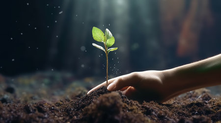 Human hand holding green seedling growing on fertile soil with dark backgroundの素材