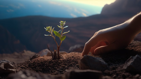 Human hand holding a small sprout in the ground. Conceptual imageの素材