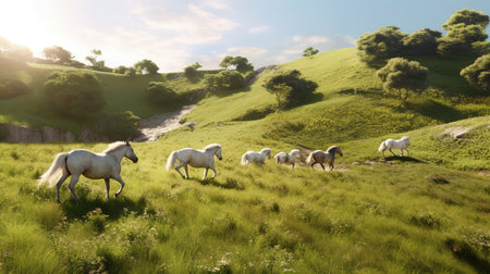 Herd of white horses grazing on green meadow in sunny dayの素材