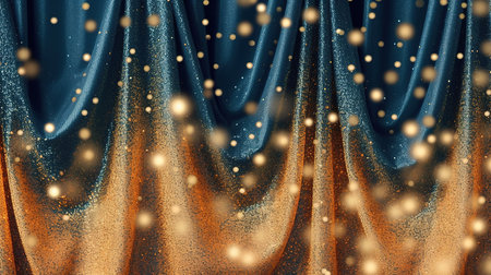 Blue curtain with gold glitter and bokeh. 3d renderingの素材
