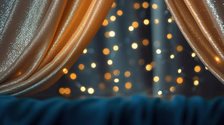 Curtain with golden drapery on the background of Christmas lightsの素材