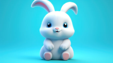 Cute white easter bunny on blue background. 3D renderingの素材