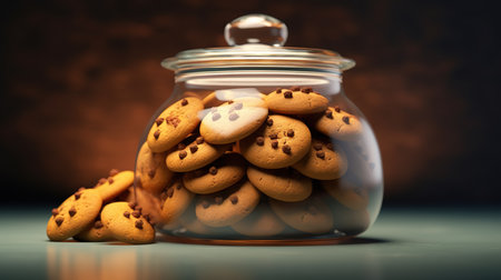 Cookies in a glass jar on a wooden background. 3d renderingの素材