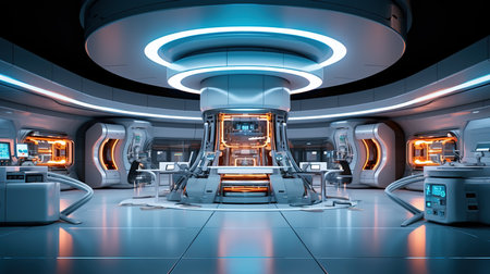 3D rendering of a futuristic space station. Futuristic spaceship interiorの素材