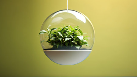 Plant in a glass sphere on a yellow background. 3d renderingの素材