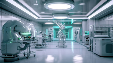 3d rendering x-ray image of a modern medical room with robotの素材