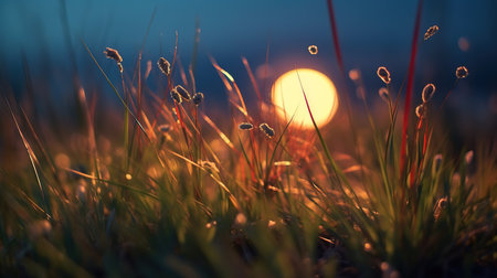Sunset over a meadow with grass and flowers in the foregroundの素材