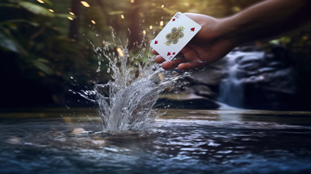 Hand holding playing cards with water splash in the tropical forest background.の素材