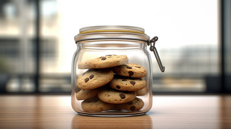 Chocolate chip cookies in a glass jar on a wooden table.の素材