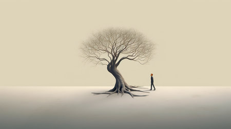 Man looking at a tree in the desert. Conceptual image.の素材