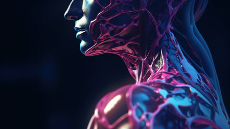 3D rendering of a female robot with red skin in futuristic styleの素材